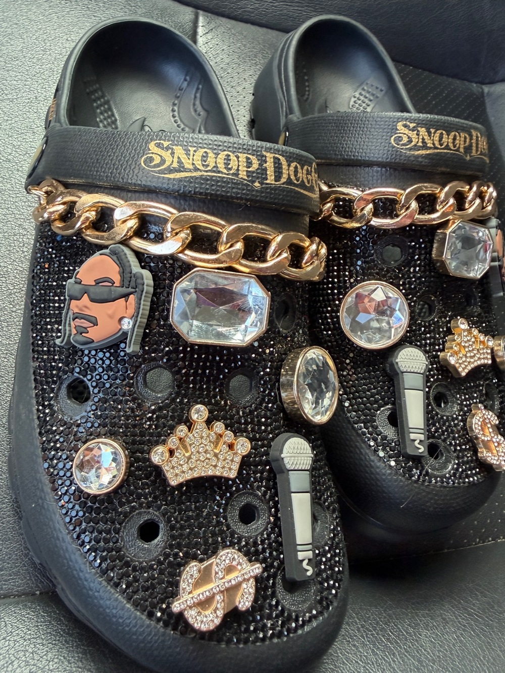 Skechers Snoop Dogg Black Embellished Clog Croc Mules Gold Chain Accents Bling 8